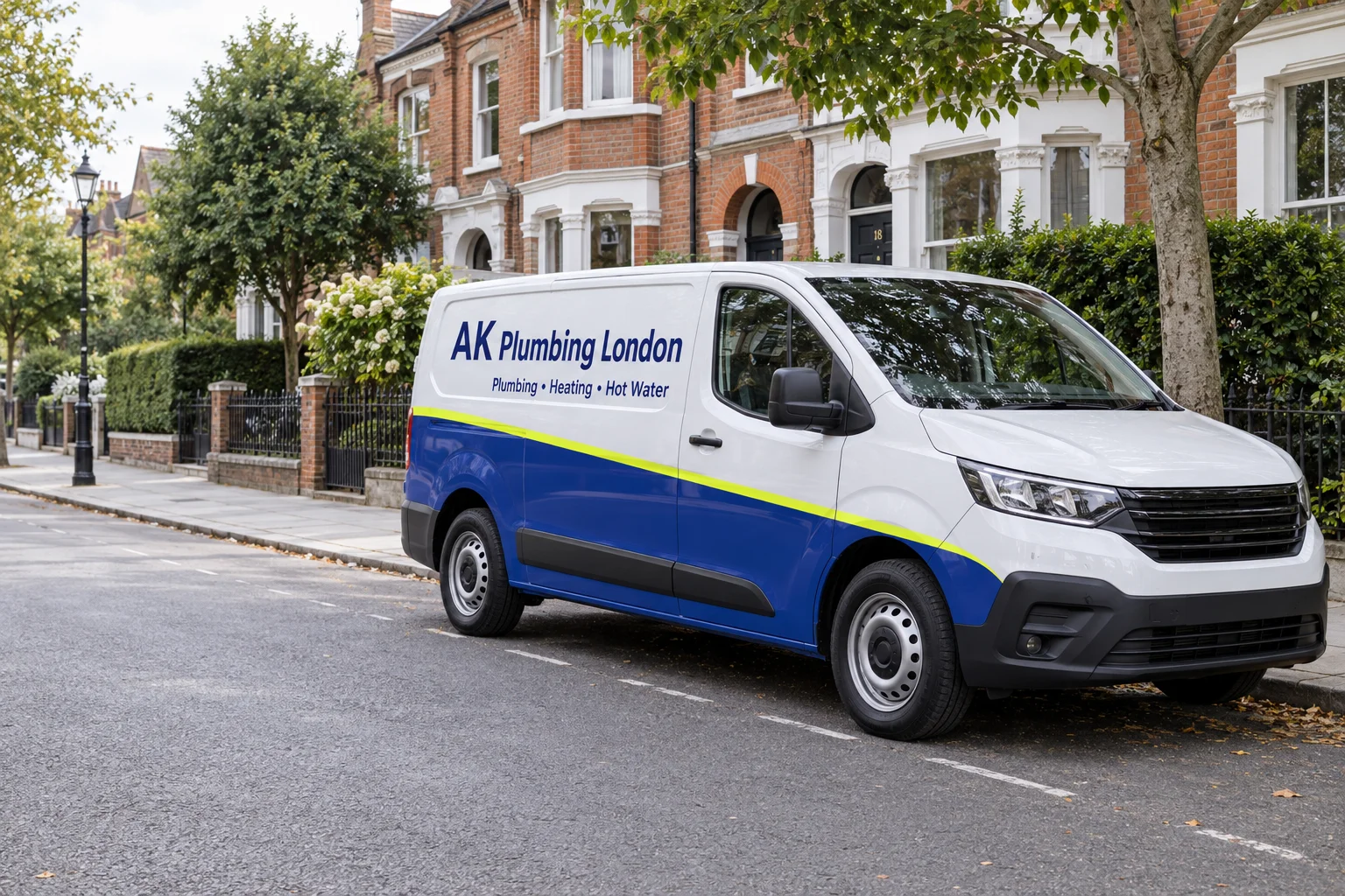 Illustration of an AK Plumbing London branded van on a residential street