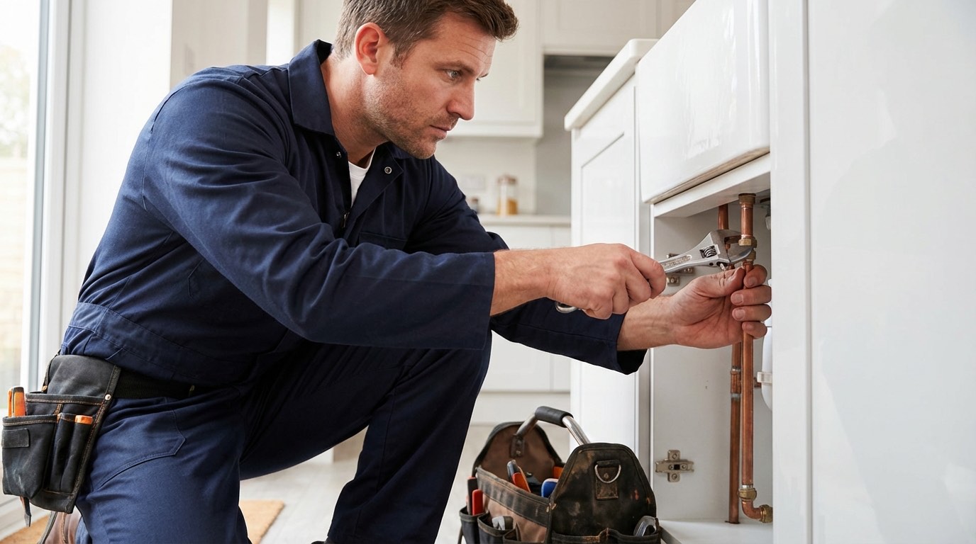 a plumber fixing pipework under a kitchen sink, used across the AK Plumbing London guides